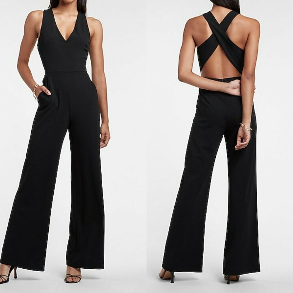 Express V-Neck Cross-back Black Jumpsuit, Extra Small